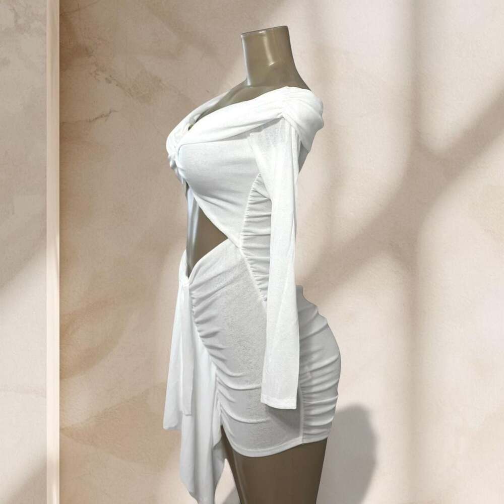White Cutout Mini Dress – Off Shoulder Long Sleeve Ruched Bodycon Sexy Chic ✧ L - Picture 4 of 4